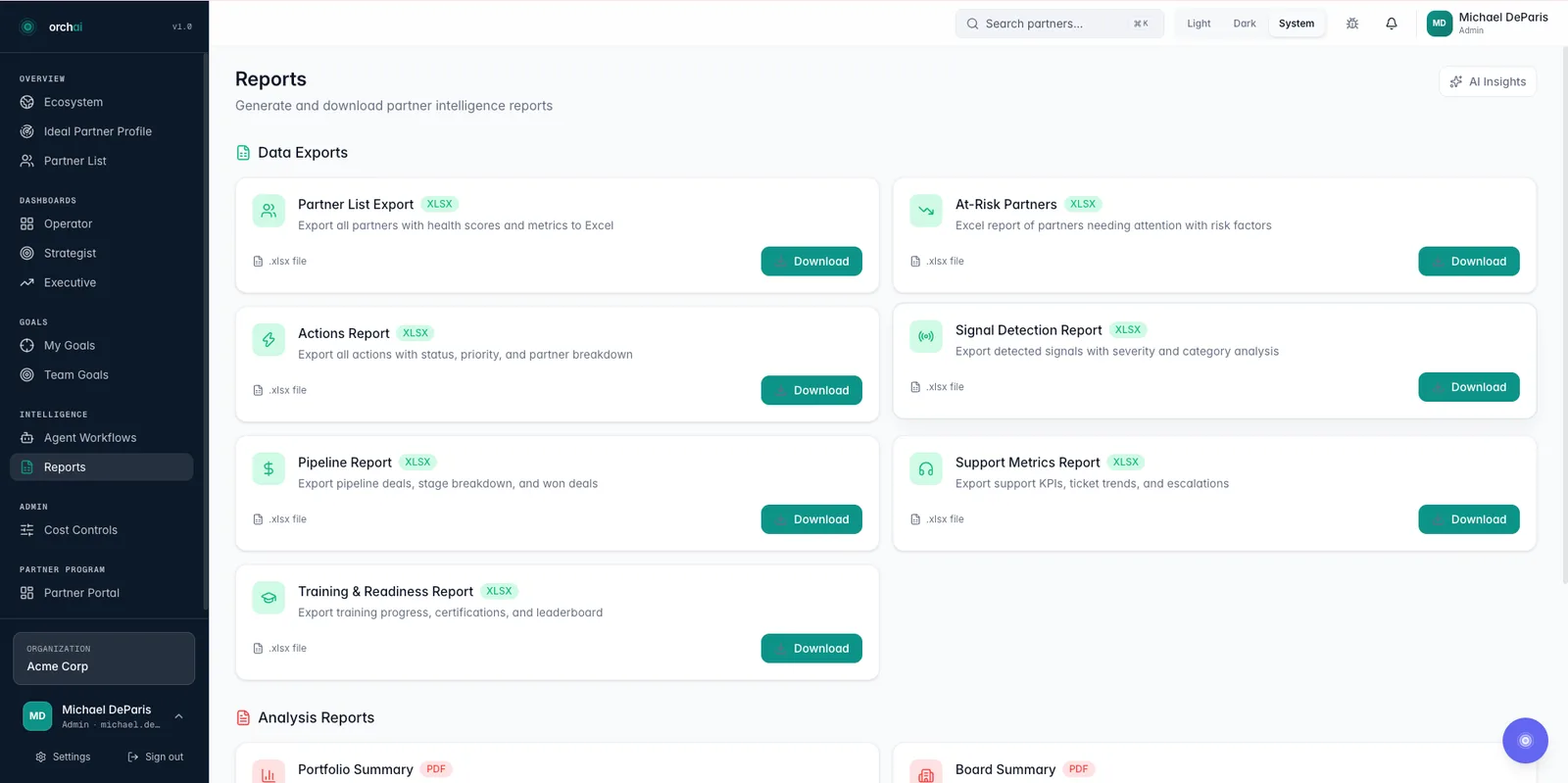 Orchai Reports: downloadable data exports and analysis reports for partners, pipeline, signals and support